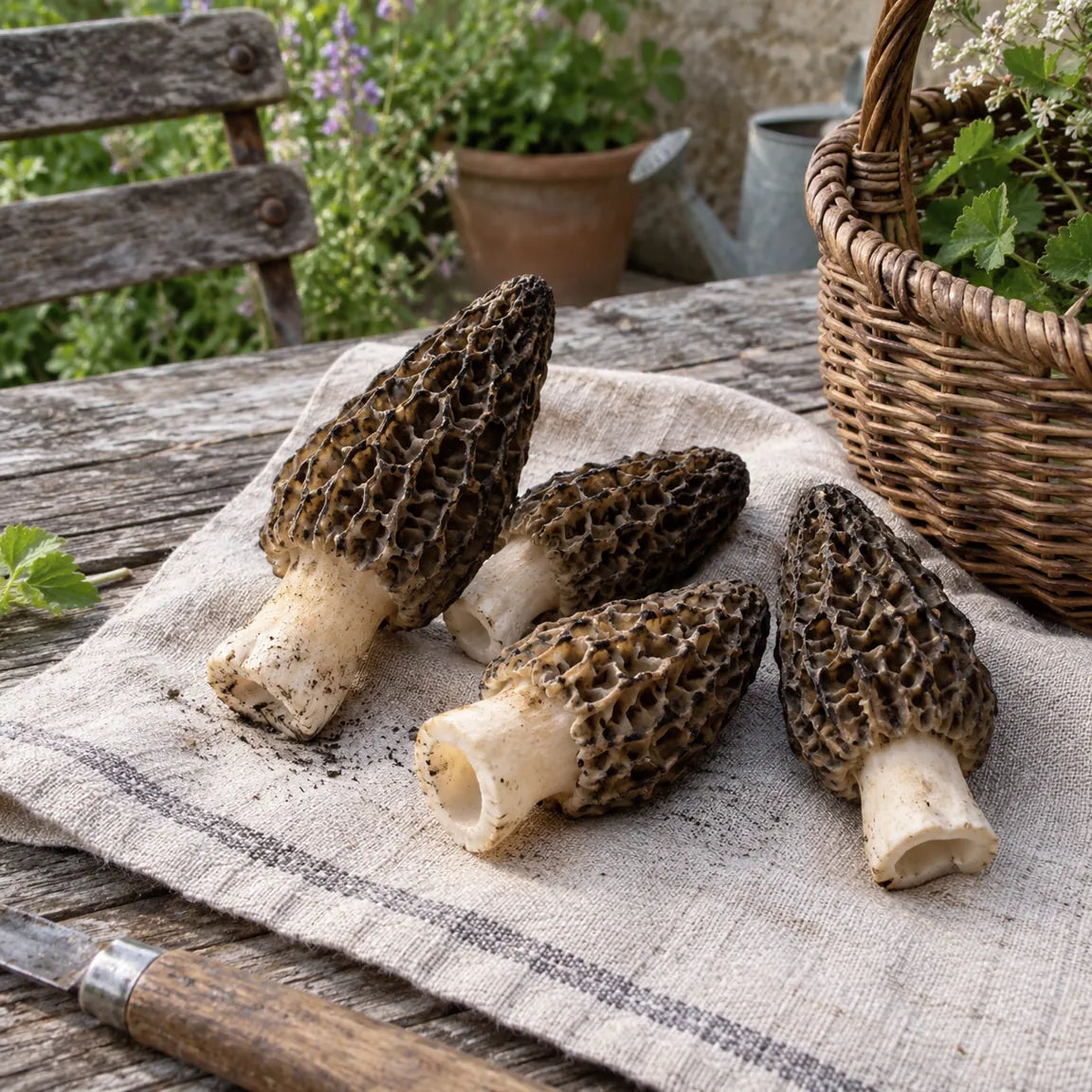 Morilles coniques fraîches sur un linge en lin.