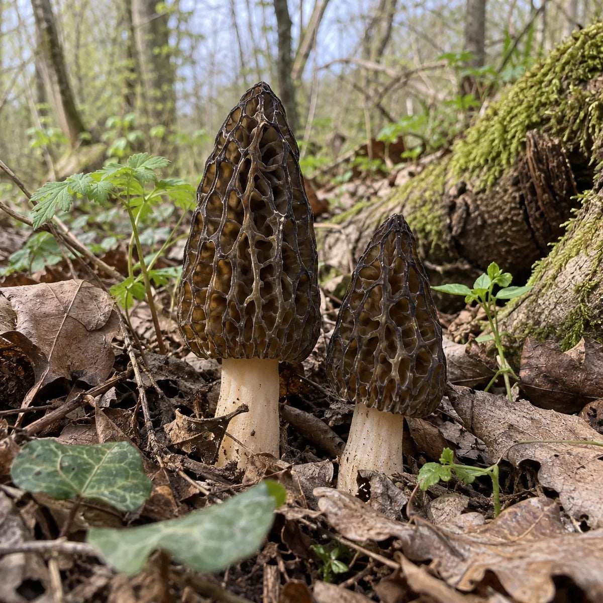 Morilles coniques dans les feuilles d’un sous-bois au printemps.