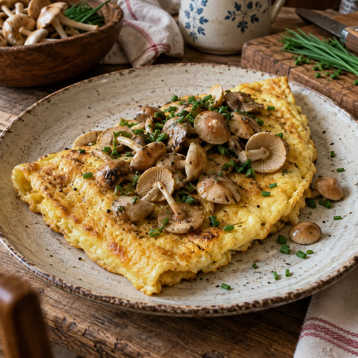 Omelette aux mousserons des prés cuisinés et à la ciboulette.