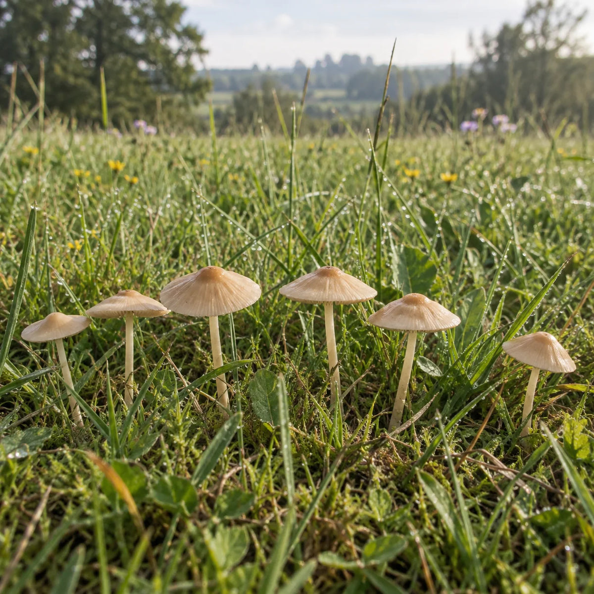 Mousserons des prés dans l’herbe d’une prairie.