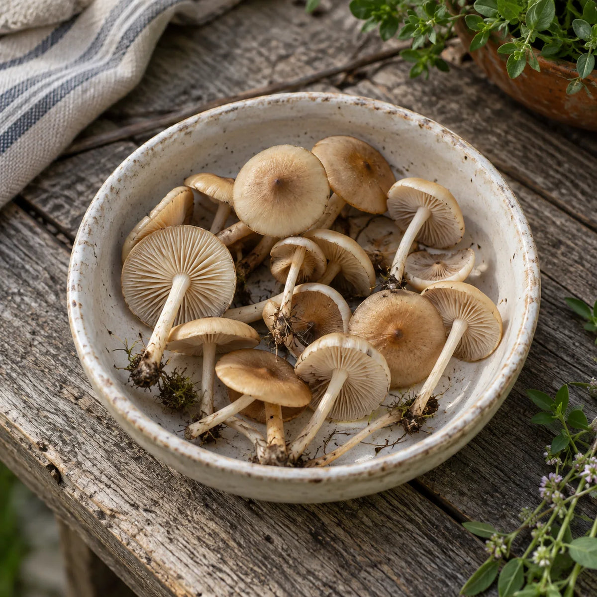 Mousserons des prés frais dans une coupelle en céramique.