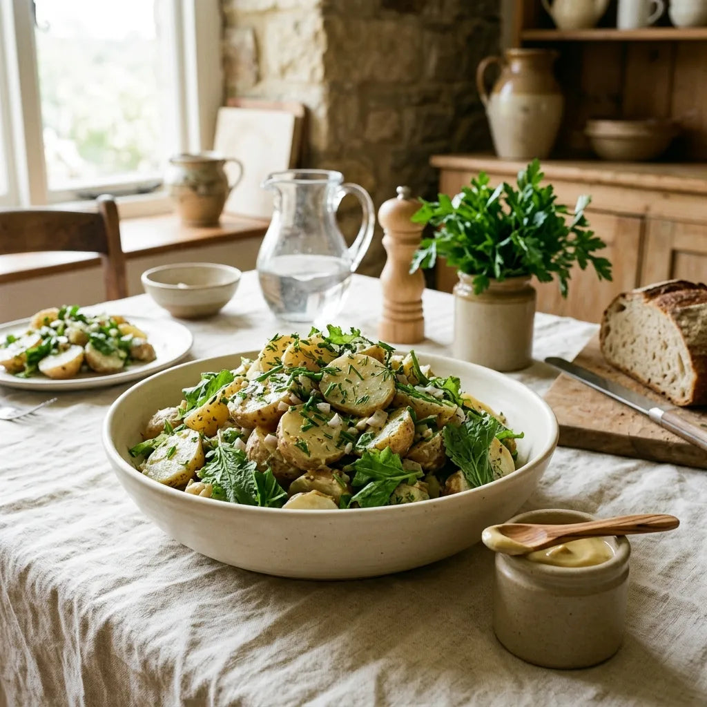 Salade de pommes de terre tièdes à la moutarde blanche dans un plat de céramique
