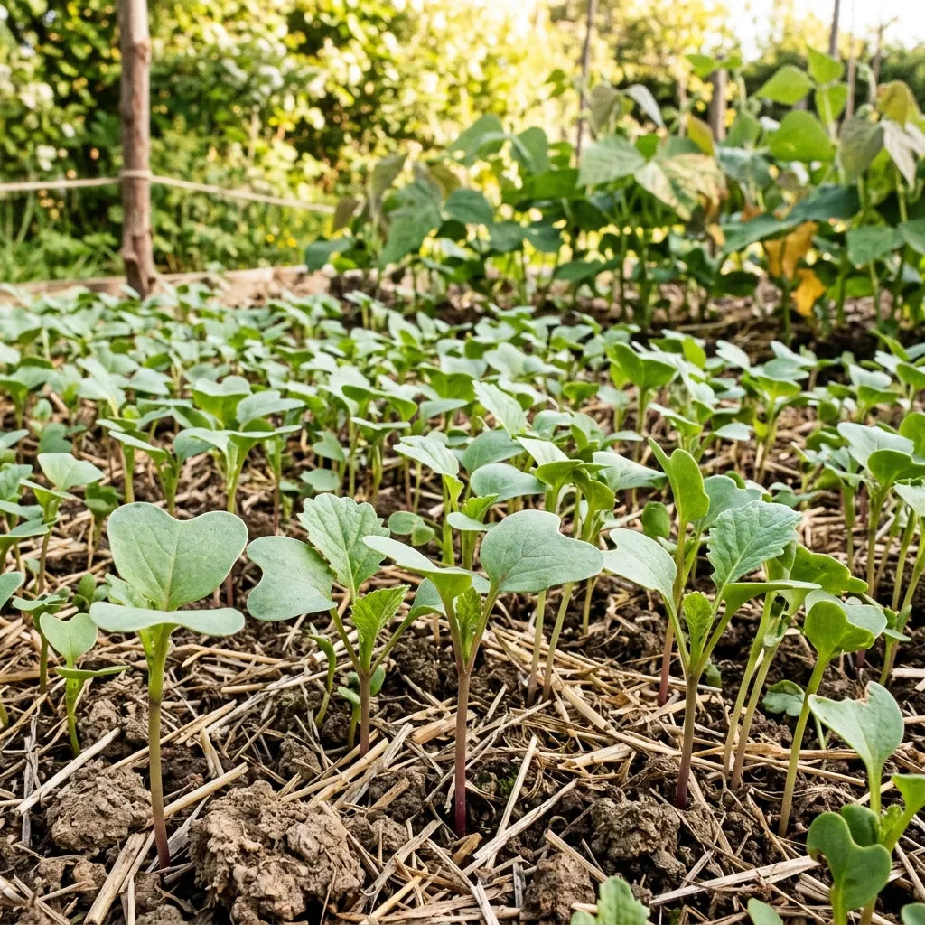 Levée de moutarde blanche en pleine terre, plantules à cotylédons échancrés en cœur