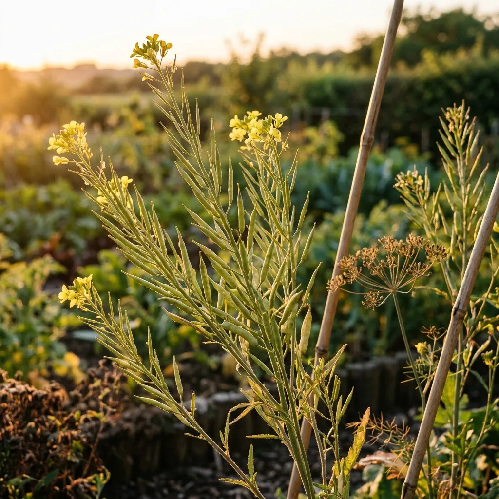 Contre-jour du soir sur les grappes de siliques de la moutarde noire au potager