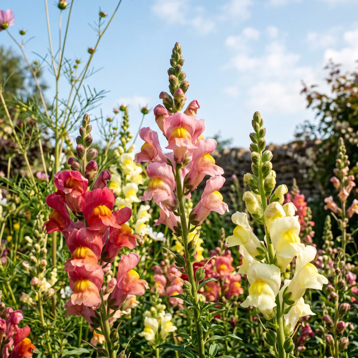 Massif de mufliers en fleur vu en contre-plongée vers le ciel