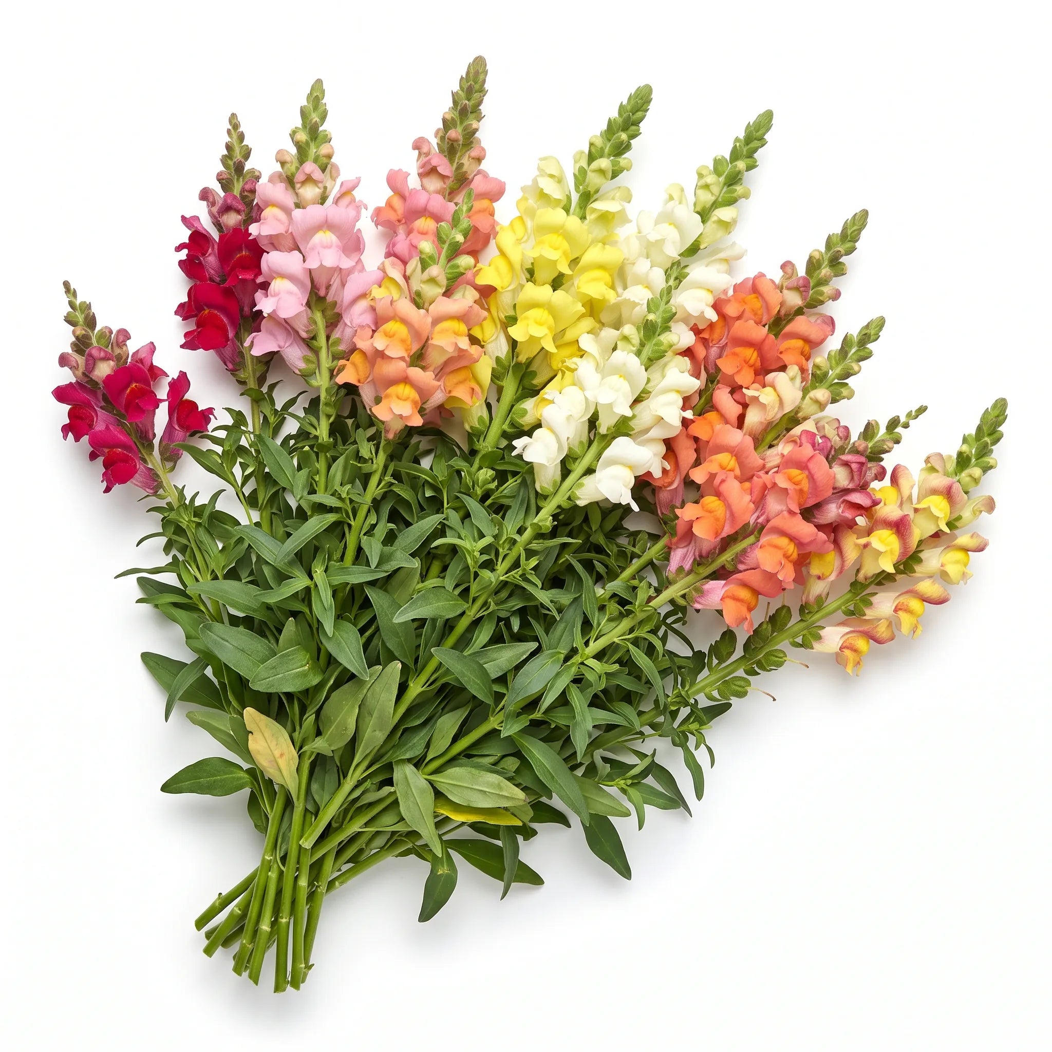 Touffe fleurie de muflier coupée à la base, coloris mêlés, sur fond blanc