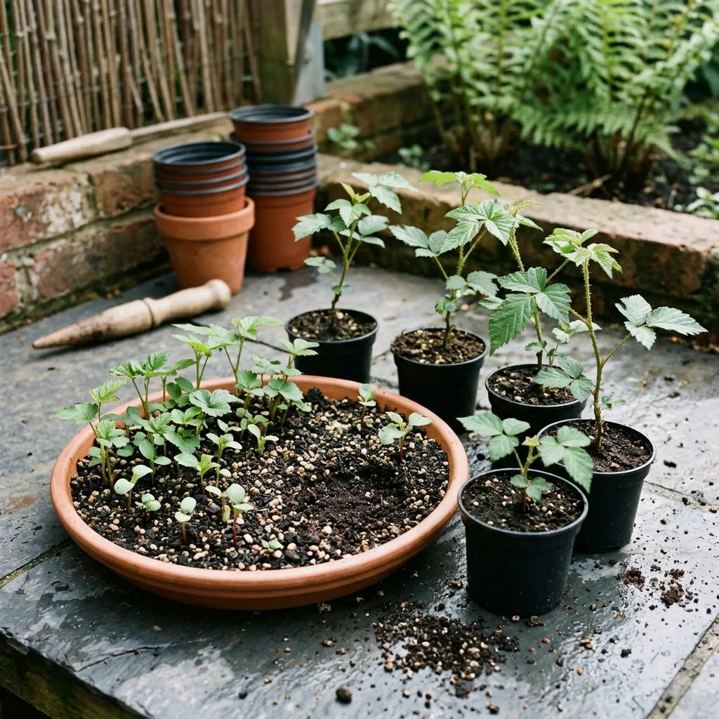Jeunes semis de mûrier sauvage (Rubus fruticosus) en terrine et godets — SemiSauvage