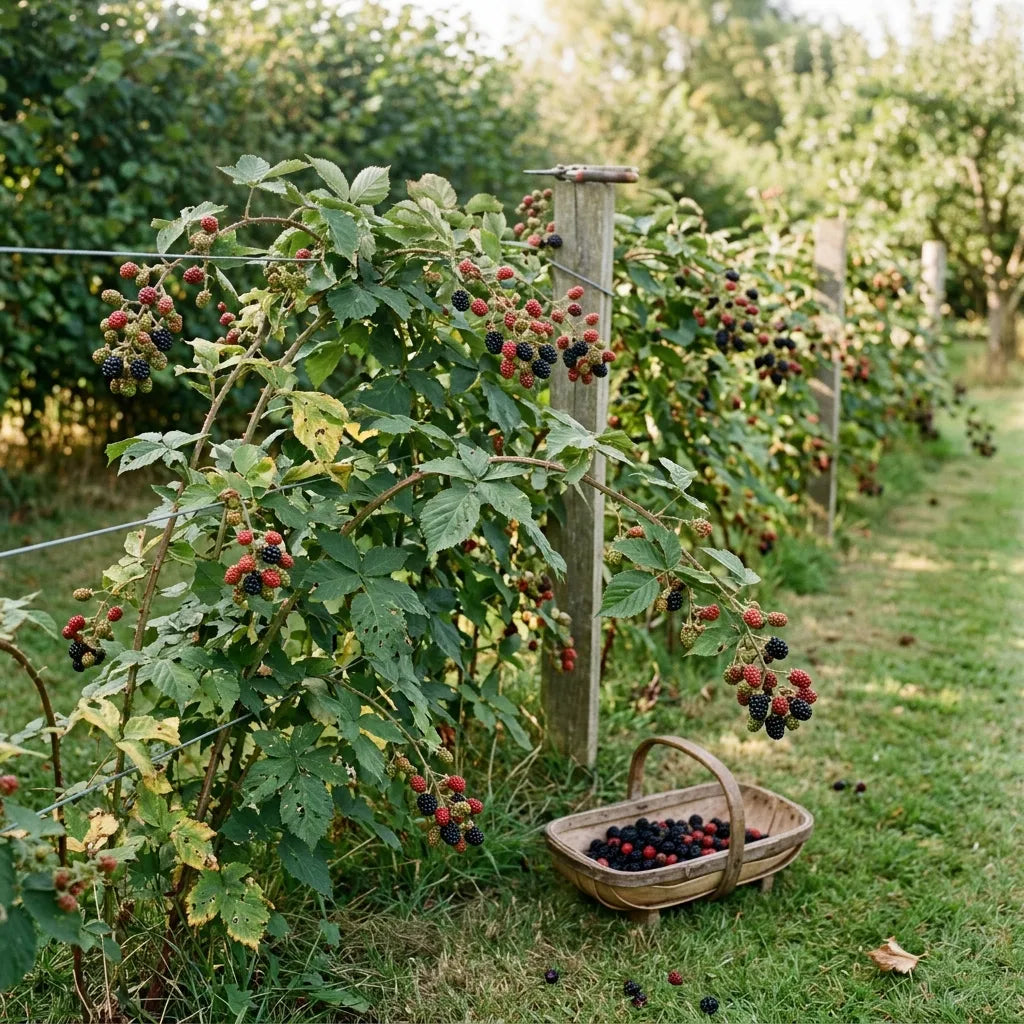 Mûrier sauvage (Rubus fruticosus) palissé sur fils en limite de jardin — SemiSauvage