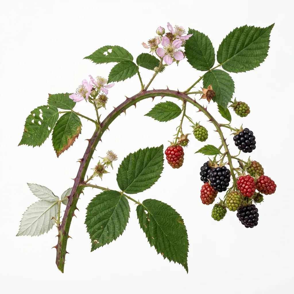 Rameau de mûrier sauvage (Rubus fruticosus) avec fruits à tous les stades, sur fond blanc — SemiSauvage