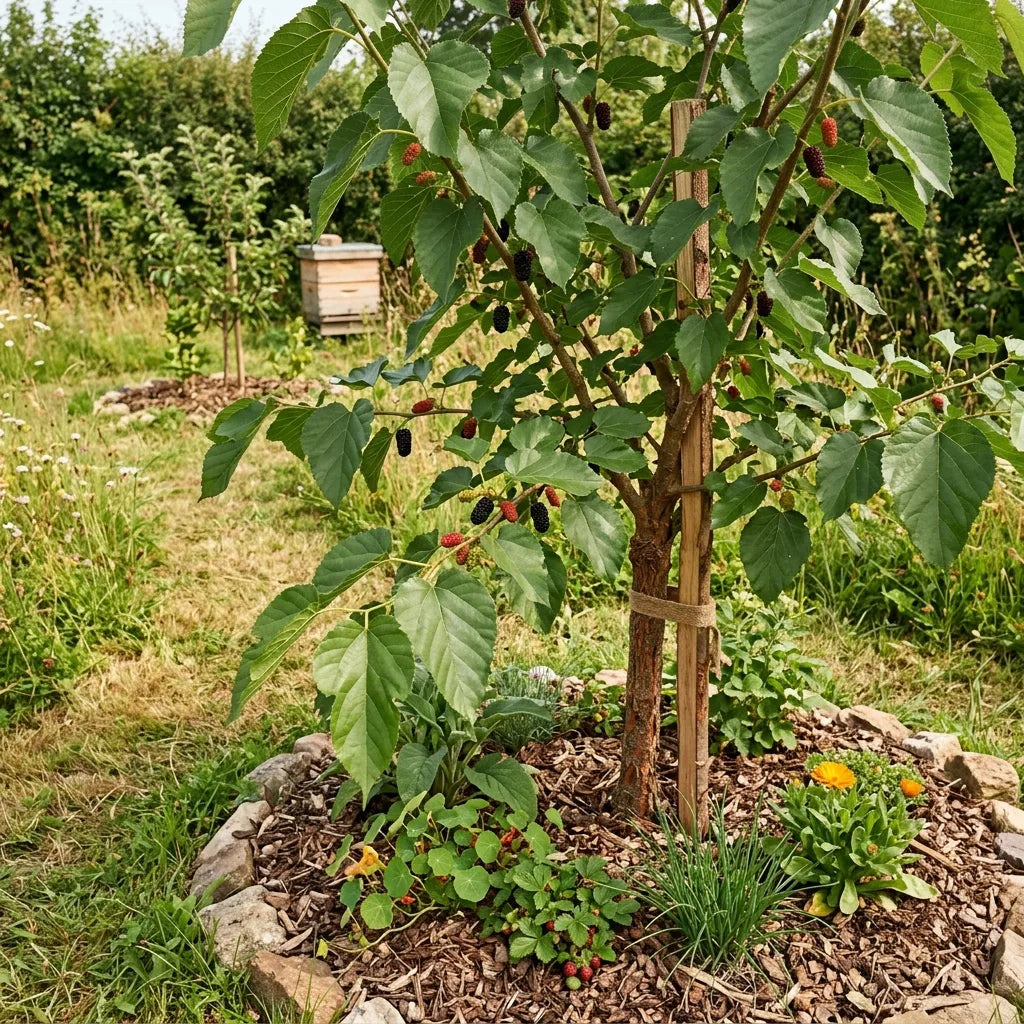 Jeune mûrier noir planté dans un verger de permaculture — SemiSauvage