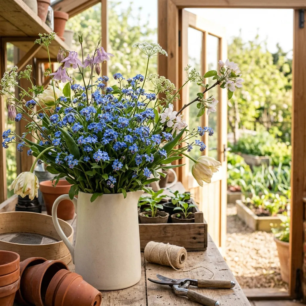 Bouquet de printemps dominé par le myosotis royal bleu dans un atelier de jardin
