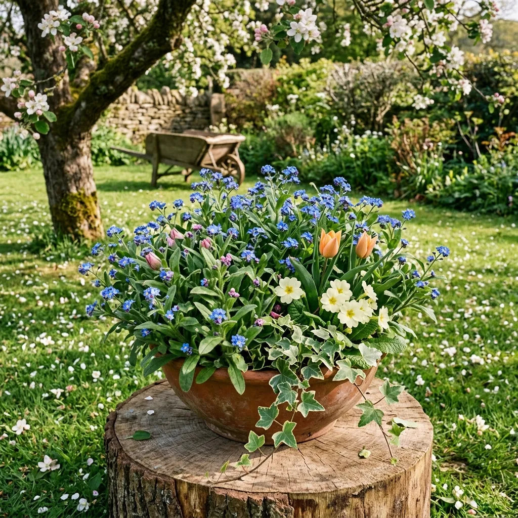 Myosotis royal bleu en coupe de terre cuite au pied d'un pommier en fleur