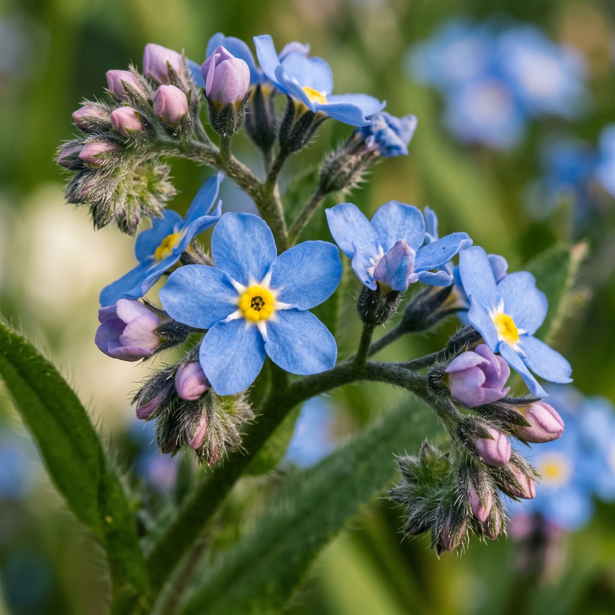 Macro d'une cyme scorpioïde de myosotis, corolles bleues à œil jaune cerclé de blanc