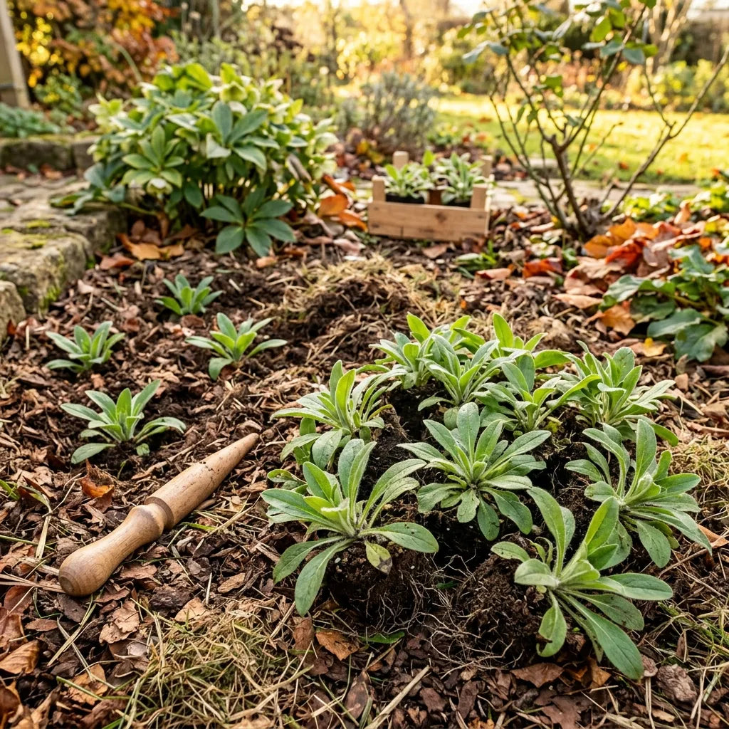 Repiquage d'automne de jeunes touffes de myosotis autour d'un massif de bulbes