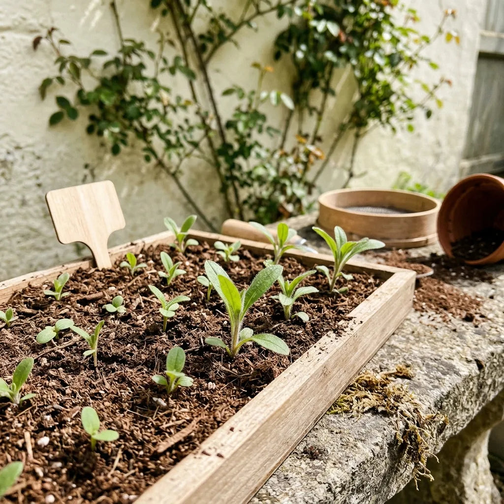 Semis de myosotis en plateau de bois sur un banc de pierre, jeunes plantules velues