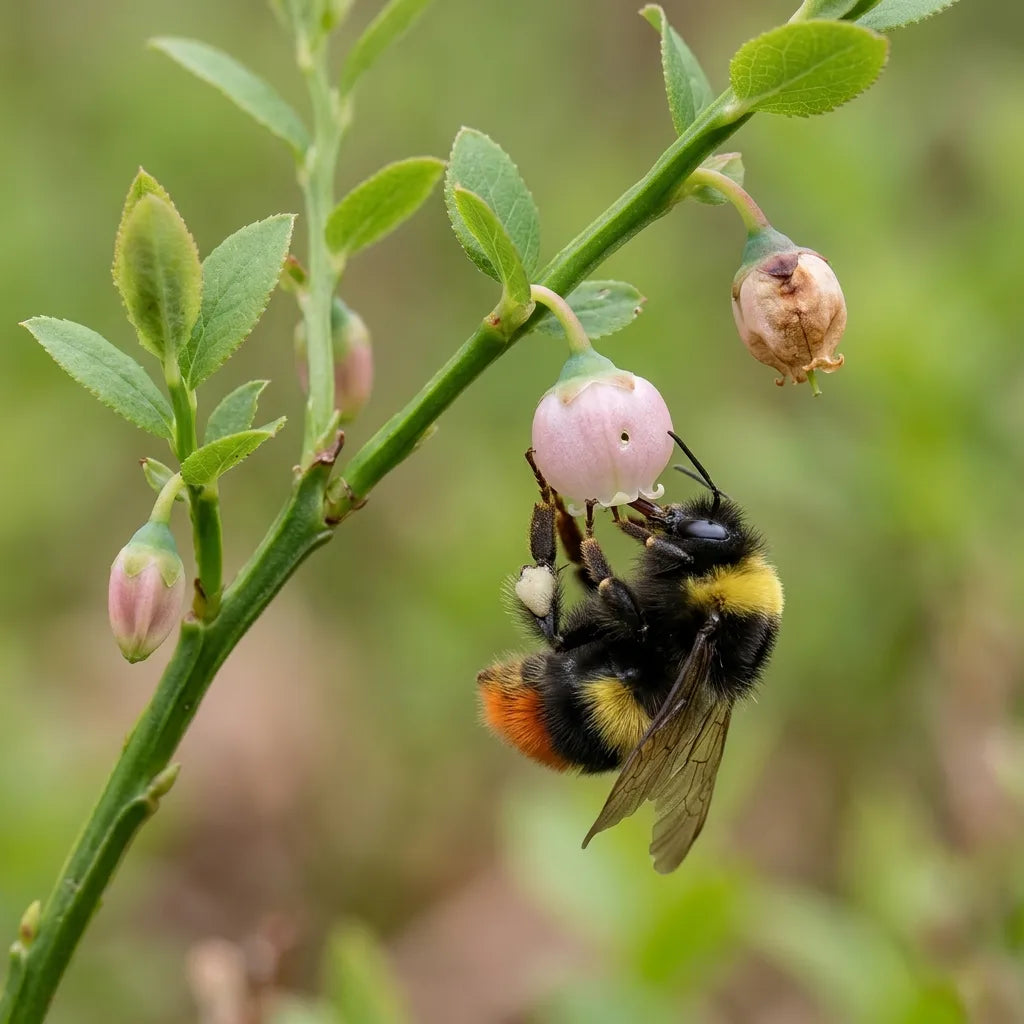 Clochettes rosées de la myrtille sauvage visitées par un bourdon des prés — SemiSauvage