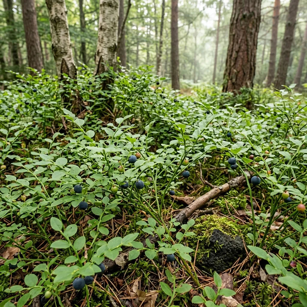 Tapis de myrtilliers sauvages en sous-bois d'altitude — SemiSauvage