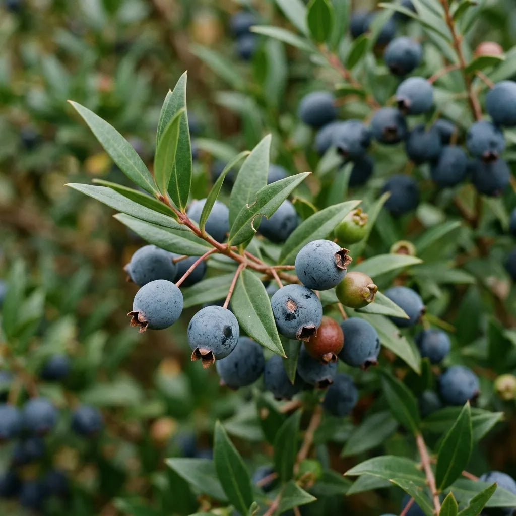 Baies de myrte bleu-noir pruinées à l'automne, couronnées des cinq lobes secs du calice — SemiSauvage