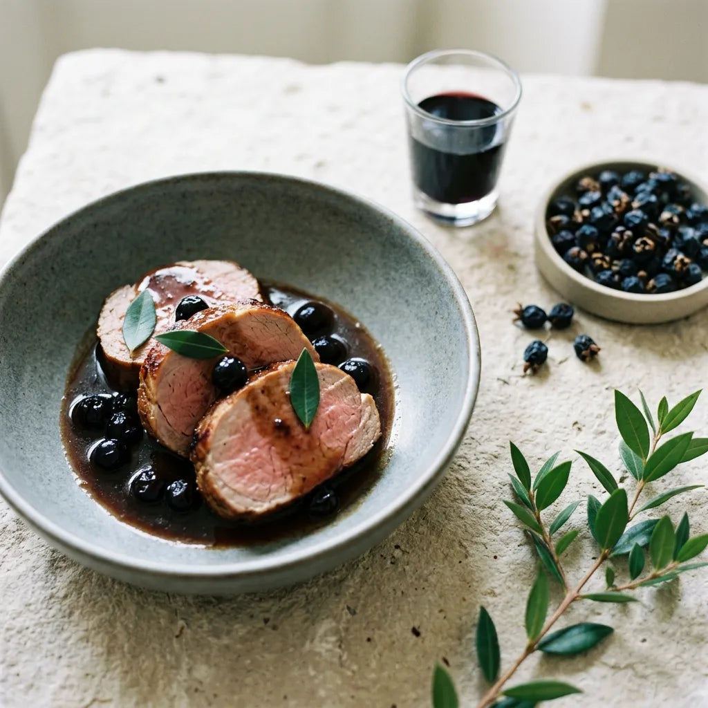 Filet mignon de porc au jus de baies de myrte, baies séchées et verre de liqueur de myrte — SemiSauvage