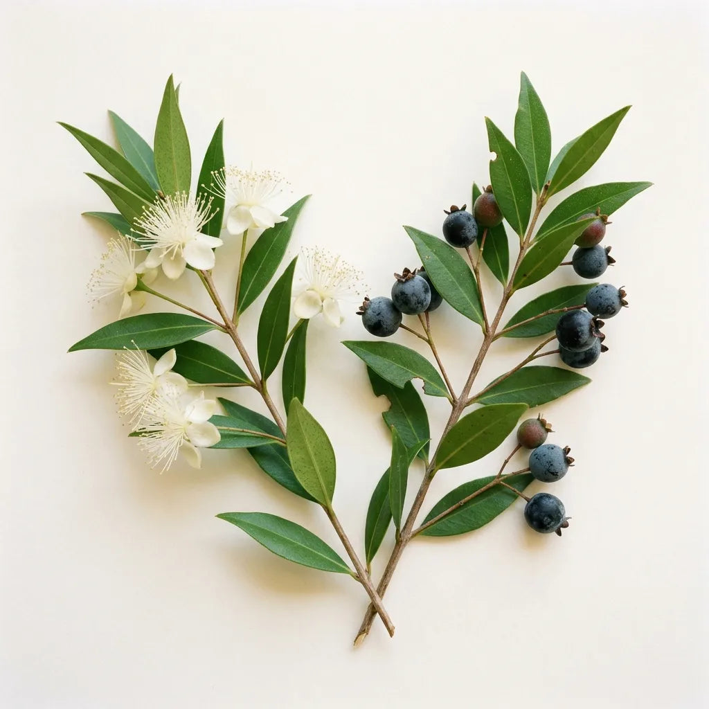 Myrte commun sur fond blanc : rameau fleuri à étamines en pinceau et rameau chargé de baies bleu-noir couronnées du calice — SemiSauvage