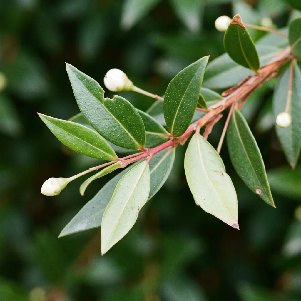 Macro du feuillage persistant du myrte : feuilles opposées deux par deux, à marge entière et ponctuations glanduleuses translucides — SemiSauvage