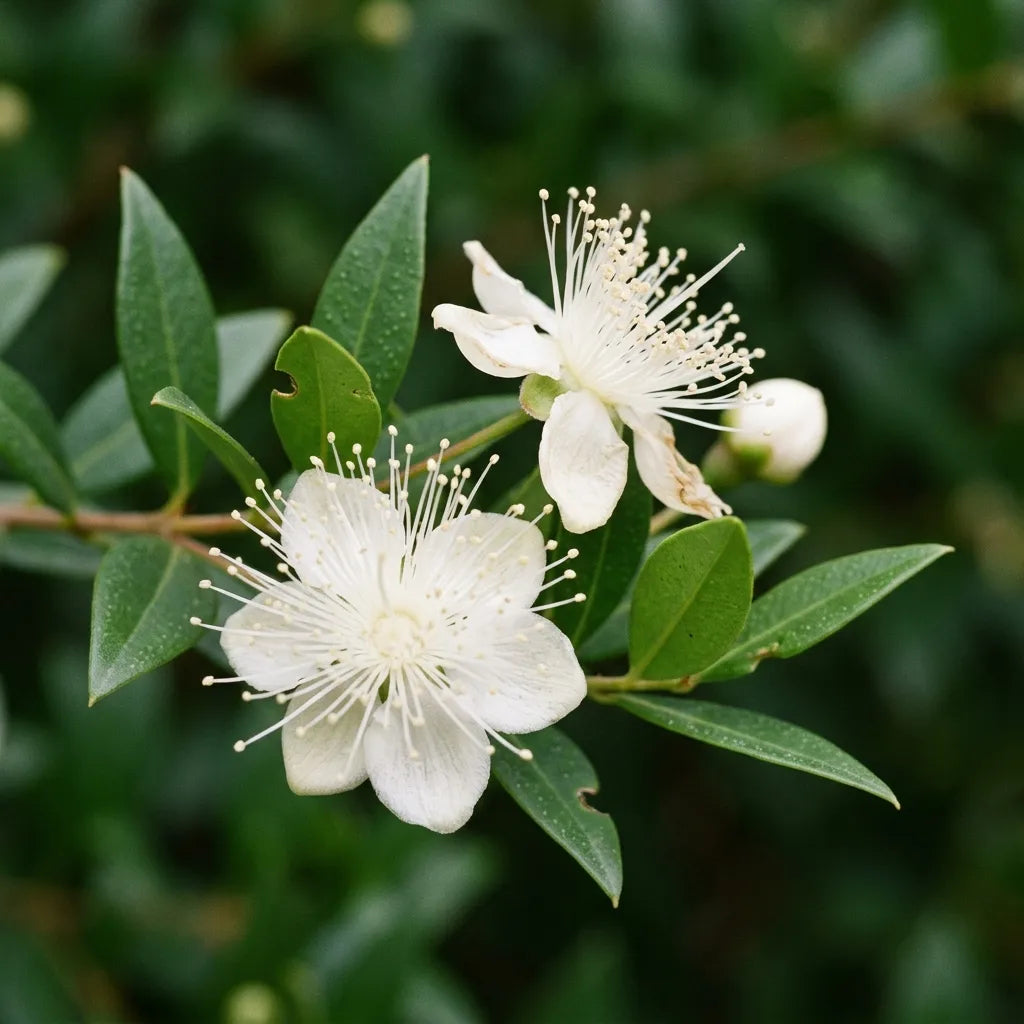 Macro de la fleur de Myrtus communis : cinq pétales blancs et touffe d'étamines saillantes en pinceau — SemiSauvage