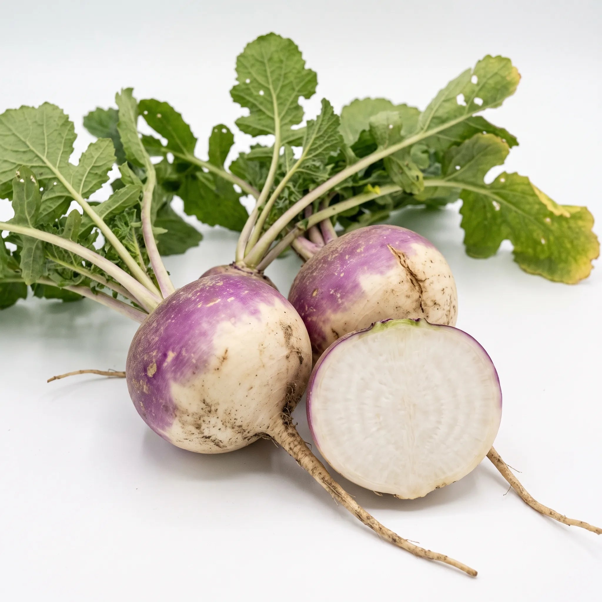 Navets Rond de Nancy entiers et coupé, collet violet et chair blanche, sur fond blanc — graines reproductibles SemiSauvage