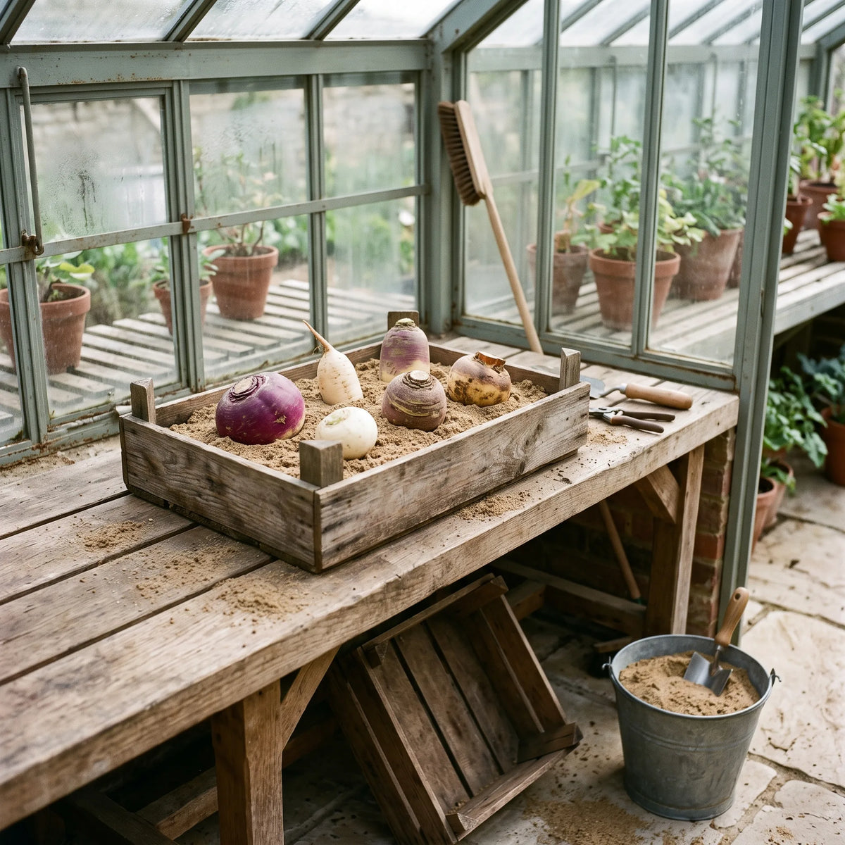 Navets Rond de Nancy conservés en cagette de sable dans un atelier de jardin sous verrière
