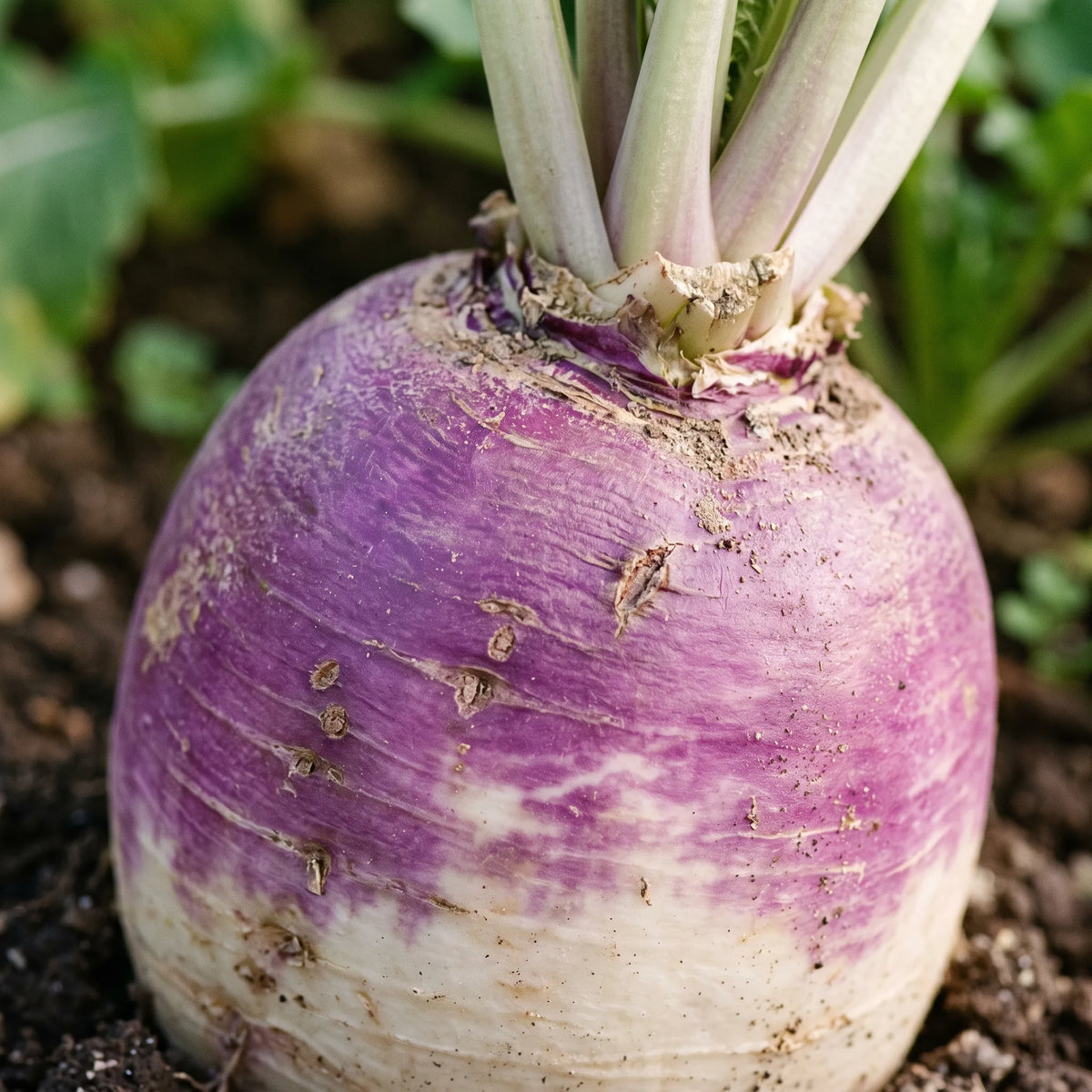 Macro de l'épaule violette du navet Rond de Nancy et de sa transition vers le blanc ivoire