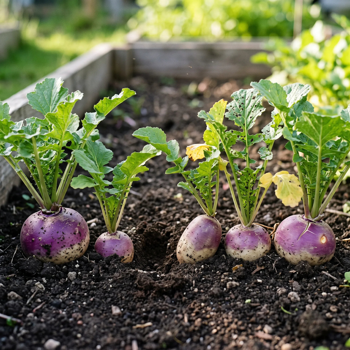 Rang de navets Rond de Nancy au potager, collets violets émergeant de la terre