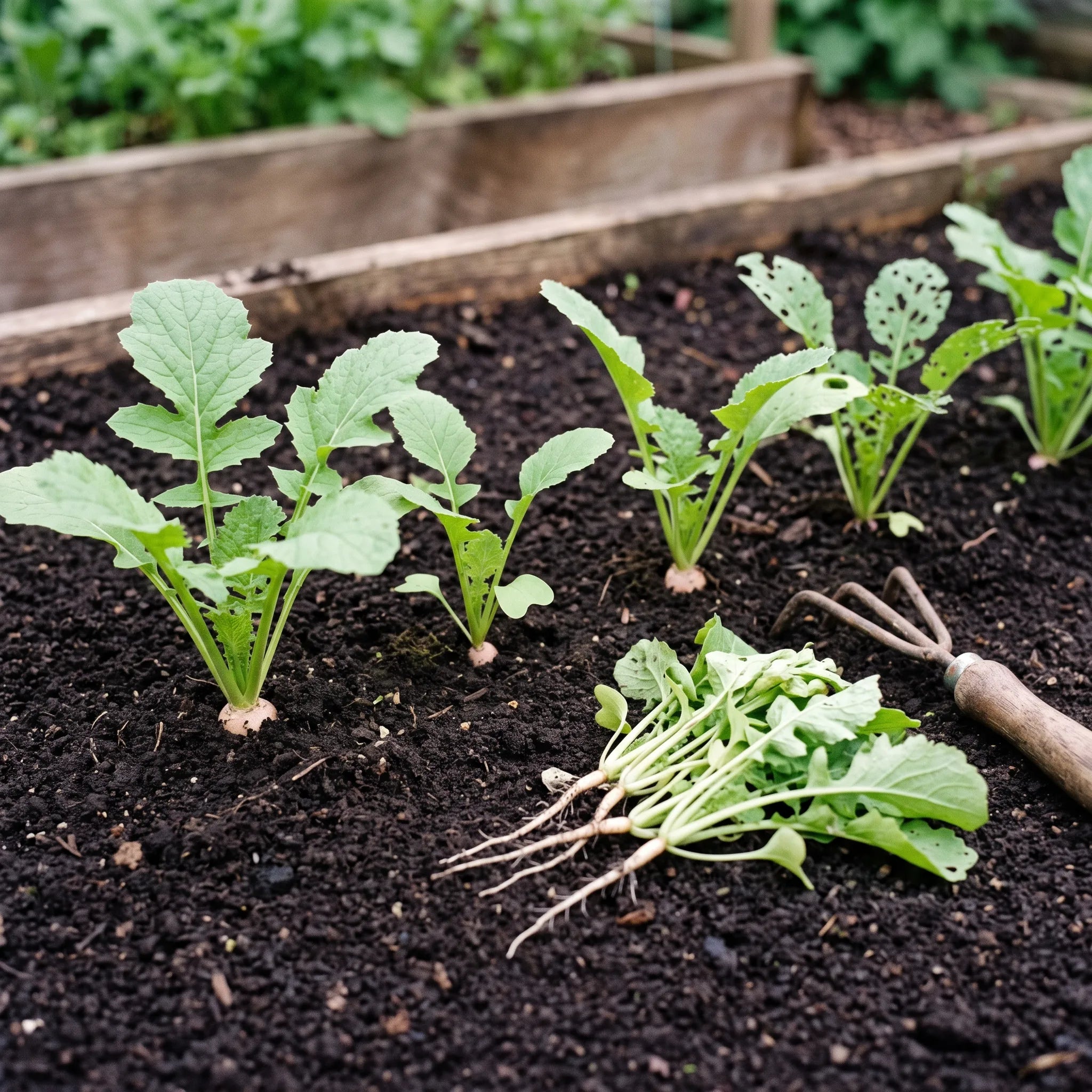 Semis direct de navet éclairci à 10 cm, pivot fin des plants arrachés bien visible