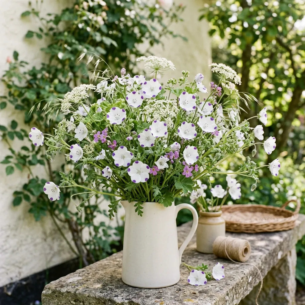 Grand bouquet champêtre de némophile maculée dans un pichet de grès — SemiSauvage
