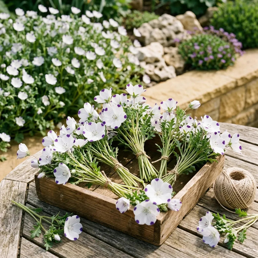 Mini-bouquets de némophile maculée liés de ficelle de lin dans une caissette — SemiSauvage
