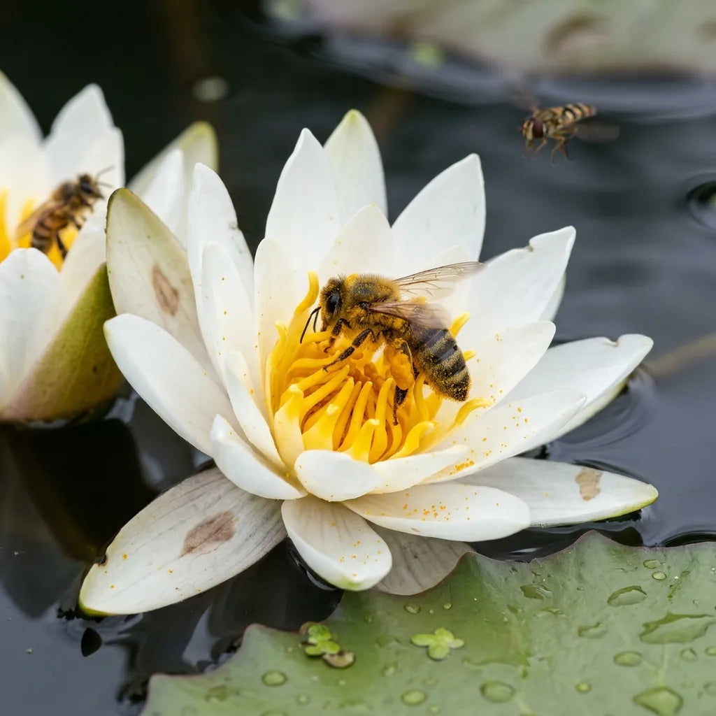 Abeille butinant les étamines d'une fleur de nénuphar blanc (Nymphaea pubescens) — SemiSauvage