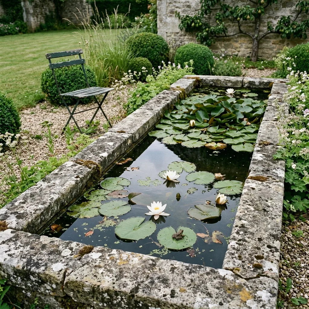 Nénuphars blancs dans un bassin de pierre ancien au cœur d'un jardin d'ornement — SemiSauvage