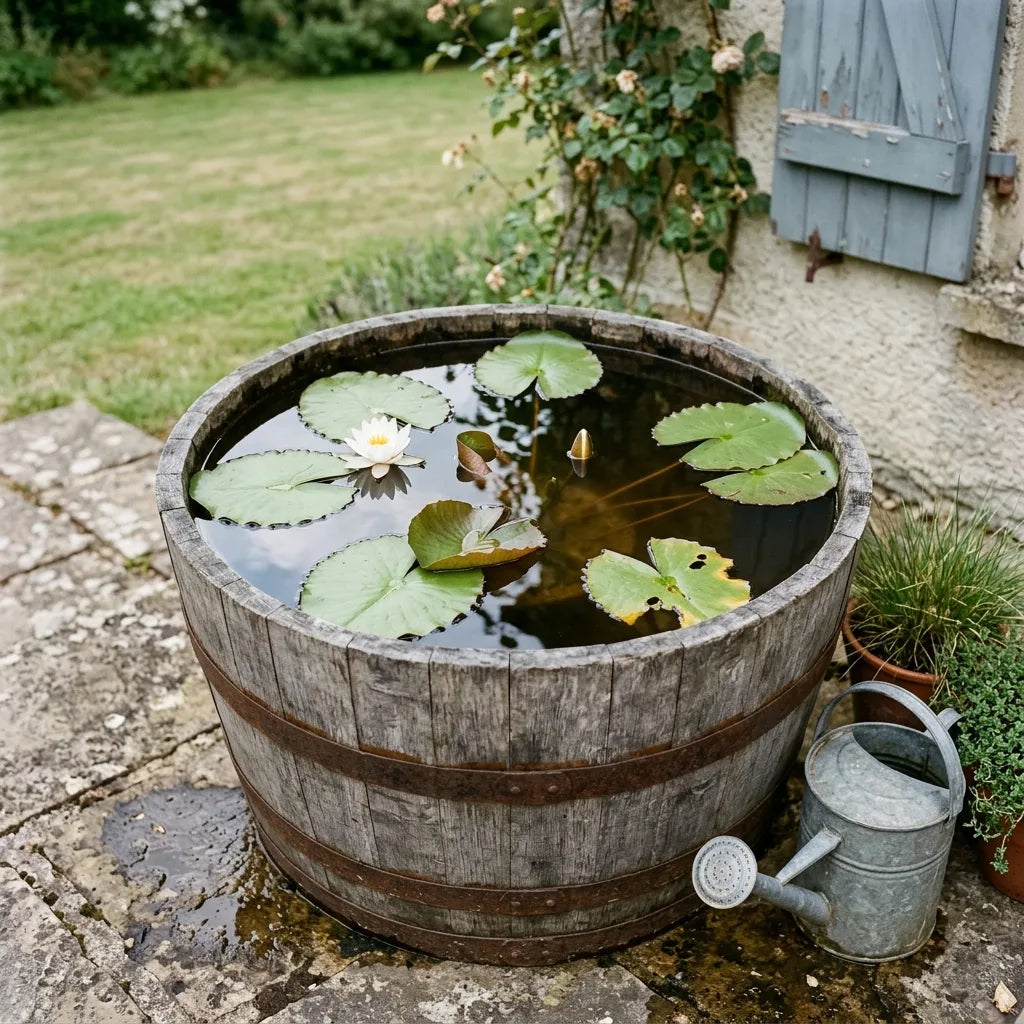Nénuphar blanc cultivé en bac dans un demi-tonneau de chêne sur une terrasse — SemiSauvage