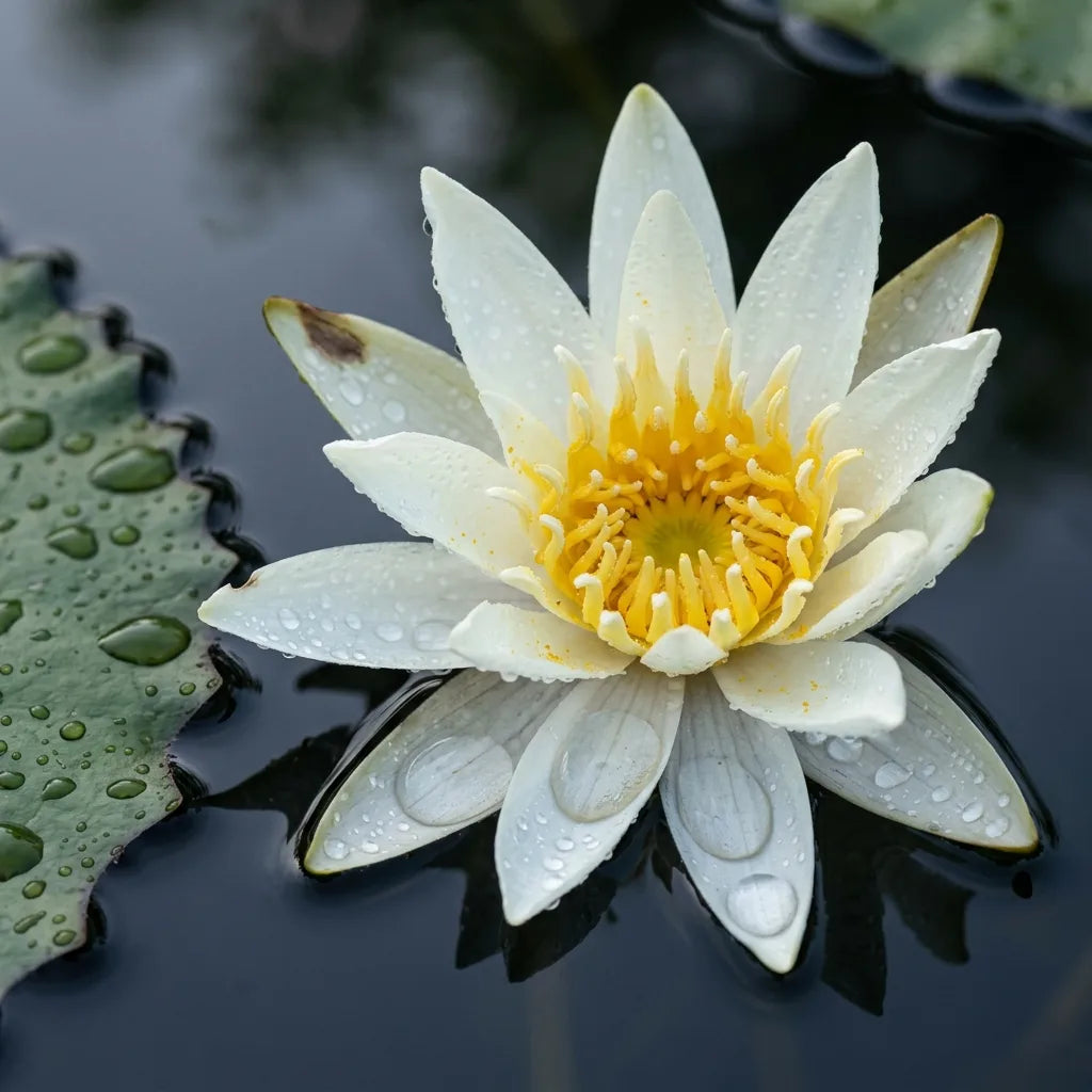 Macro d'une fleur de nénuphar blanc couverte de rosée, étamines dorées — SemiSauvage