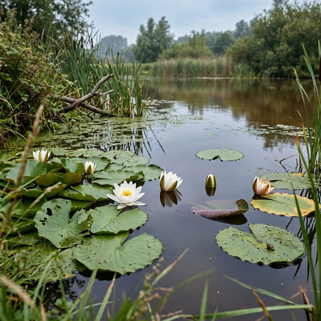 Nénuphars blancs (Nymphaea pubescens) fleuris sur une mare naturelle au petit matin — SemiSauvage