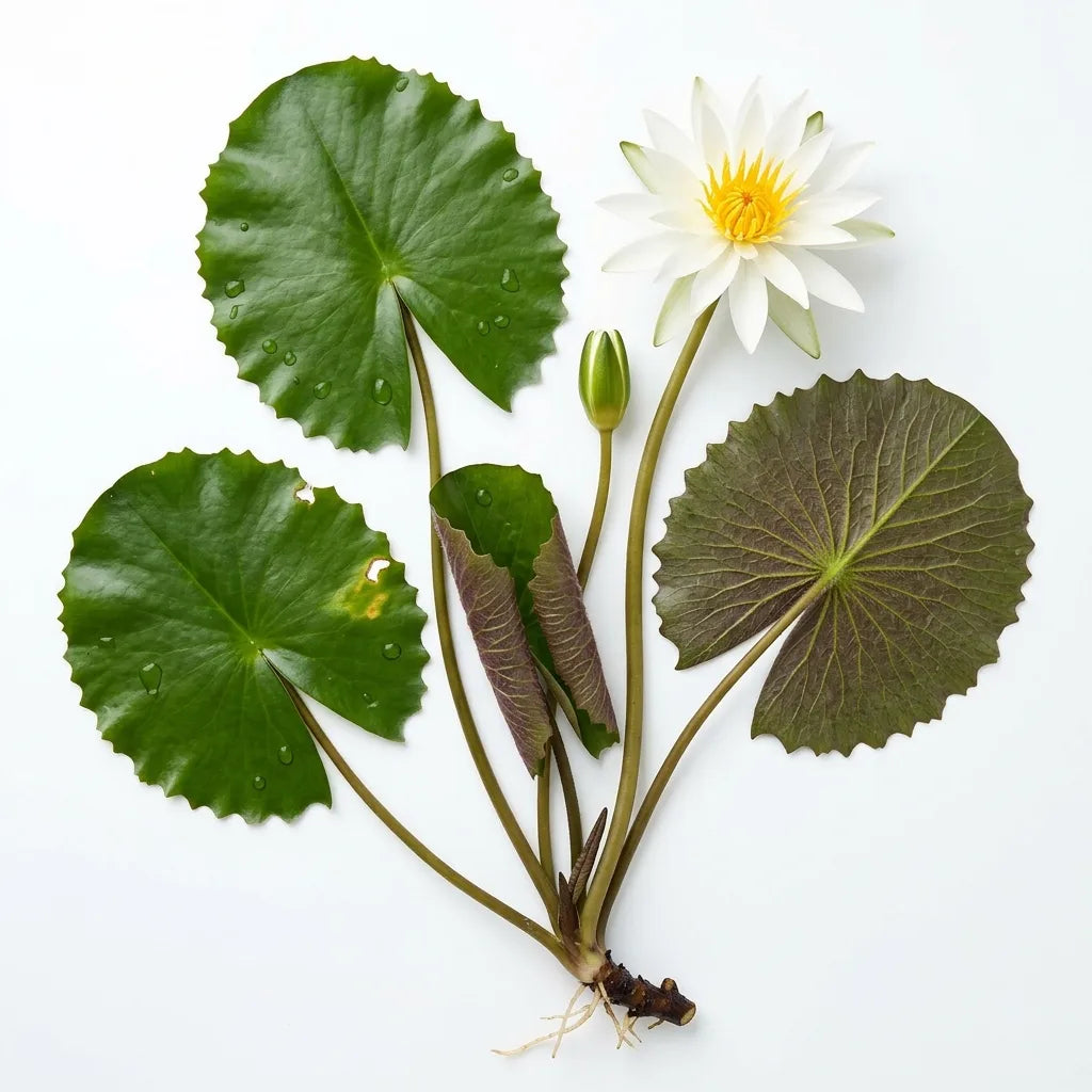 Plante entière de nénuphar blanc (Nymphaea pubescens) : fleur, feuilles dentées et rhizome sur fond blanc — SemiSauvage