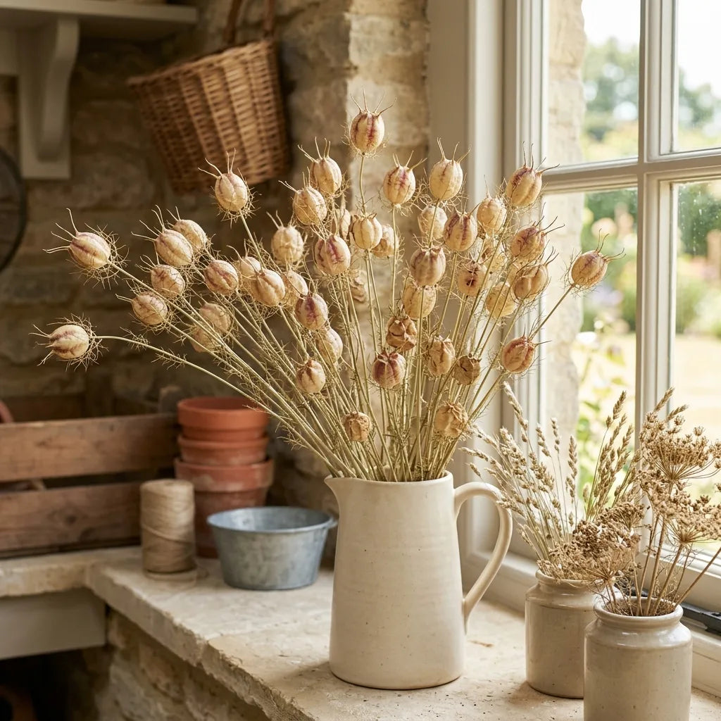 Bouquet sec de capsules de nigelle de Damas sur le rebord d'une fenêtre — SemiSauvage
