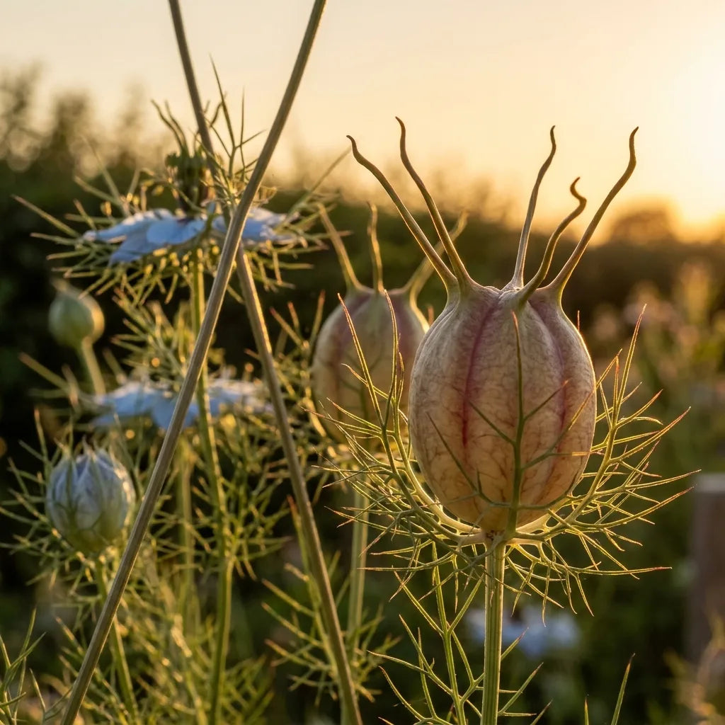 Capsule cornue de nigelle de Damas à contre-jour — SemiSauvage