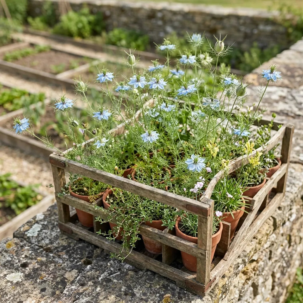 Nigelles de Damas en pots de terre cuite sur un muret de pierres sèches — SemiSauvage