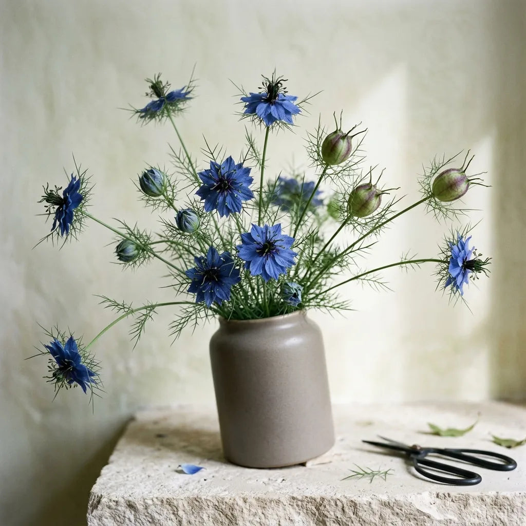 Bouquet frais de nigelles d'Espagne dans un vase de grès, fleurs et capsules mêlées — SemiSauvage