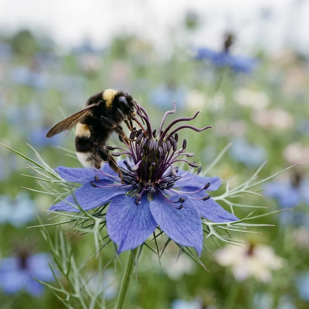 Bourdon des jardins butinant une fleur de nigelle d'Espagne — SemiSauvage