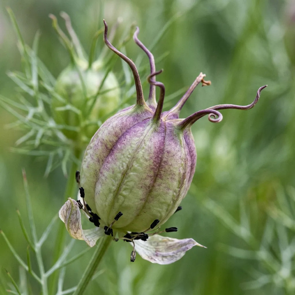 Capsule renflée en lanterne de la nigelle d'Espagne, verté lavée de pourpre et styles divergents — SemiSauvage