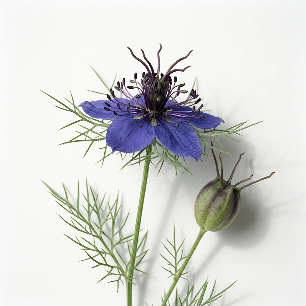 Nigelle d'Espagne (Nigella hispanica papillosa) sur fond blanc : fleur bleu profond à étamines noires et jeune capsule — SemiSauvage