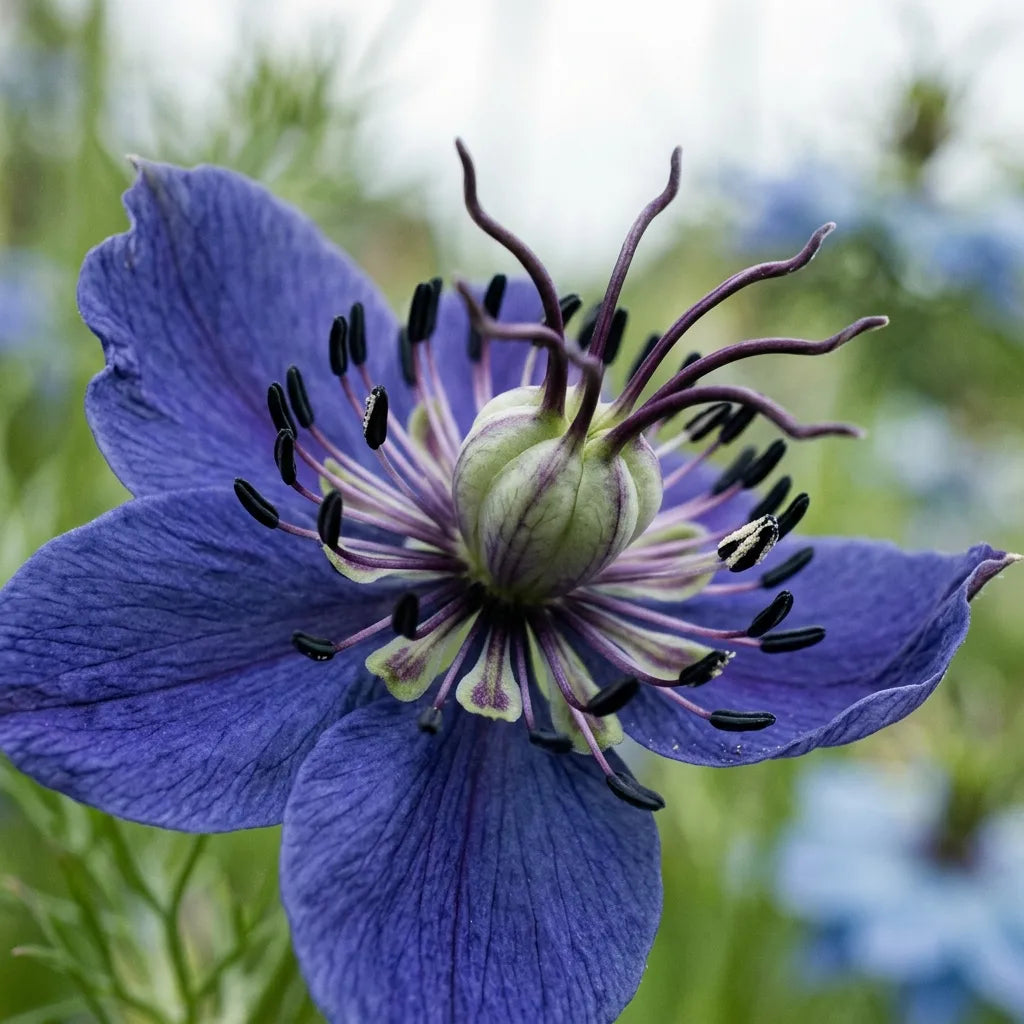 Macro du cœur d'une nigelle d'Espagne : couronne d'étamines noires et longs styles pourpres recourbés — SemiSauvage