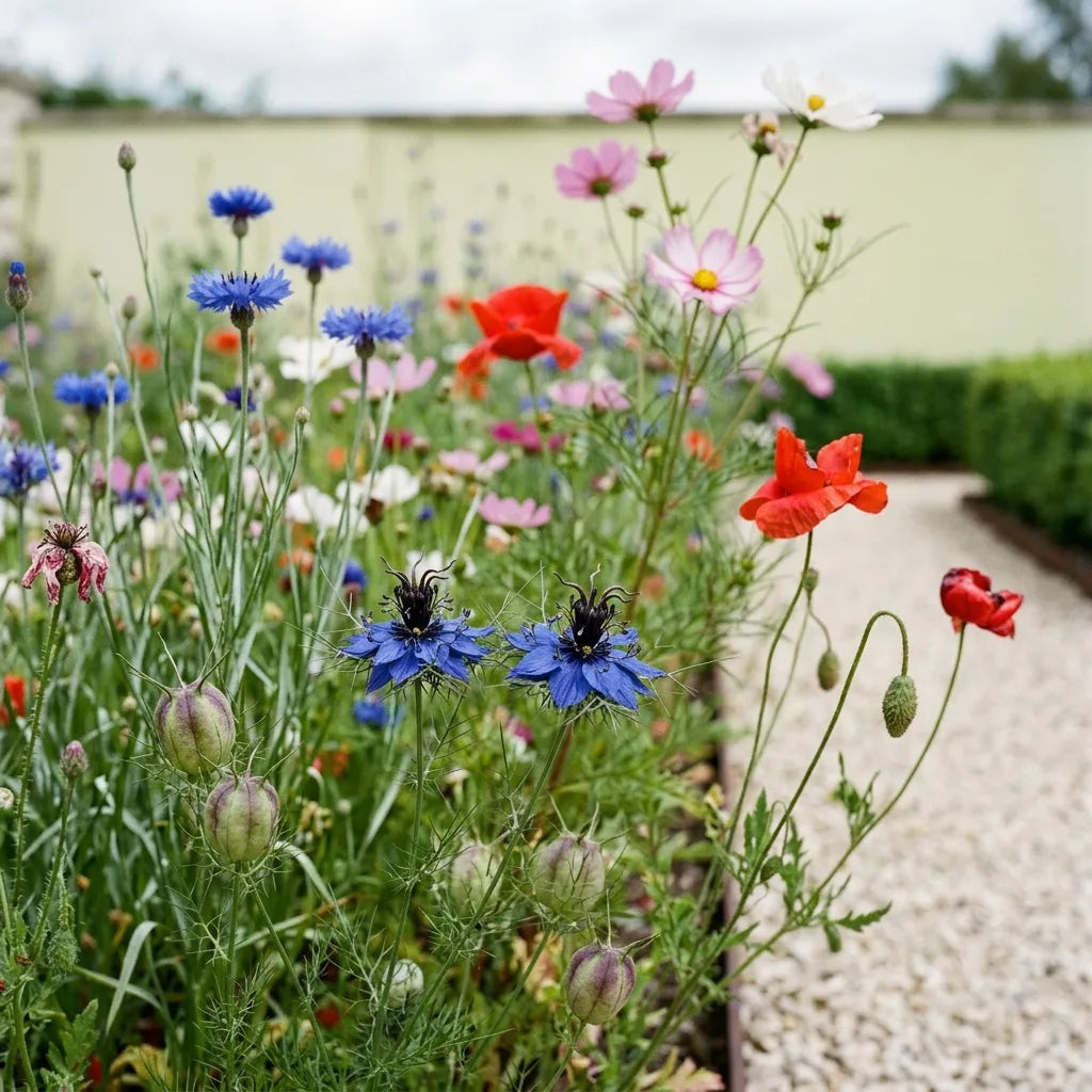 Nigelle d'Espagne en prairie fleurie avec bleuets, coquelicots et cosmos — SemiSauvage