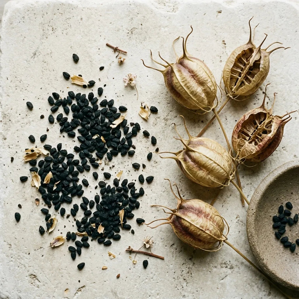 Récolte de graines de nigelle : capsules sèches fendues et graines noires finement ridées — SemiSauvage