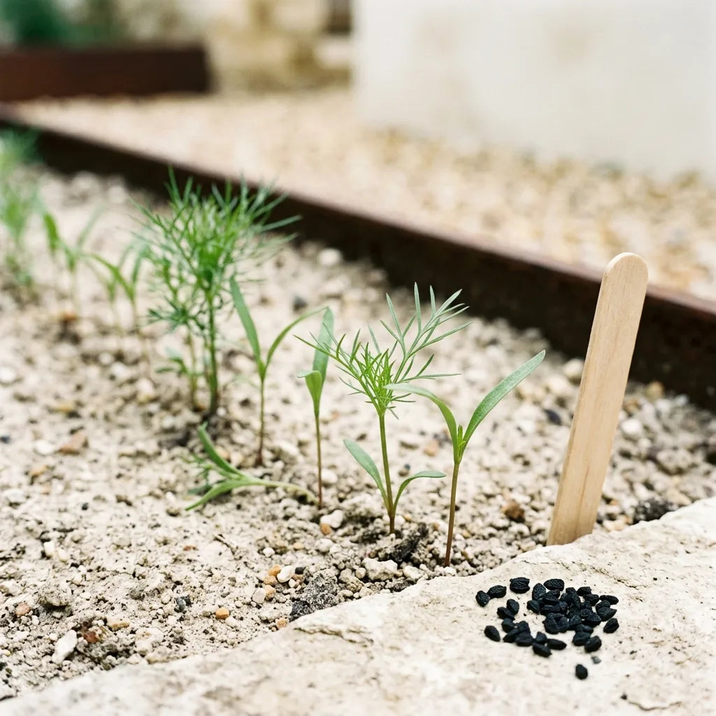 Levée d'un semis direct de nigelle d'Espagne, cotylédons linéaires et graines noires anguleuses — SemiSauvage